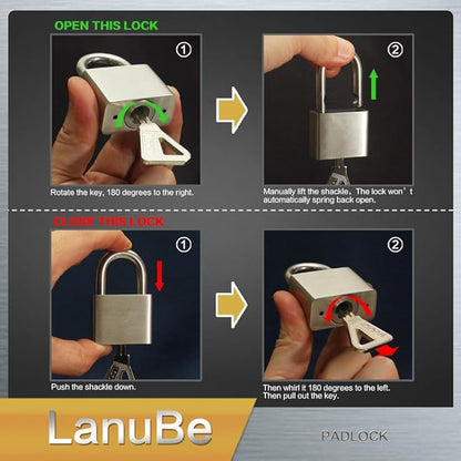 LanuBe 304 Stainless Steel keyed Alike Marine Small Padlocks for Outdoor use, 1-9/16 inch Wide Body, Stainless Steel Body, Normal Shackle, Pack of 2