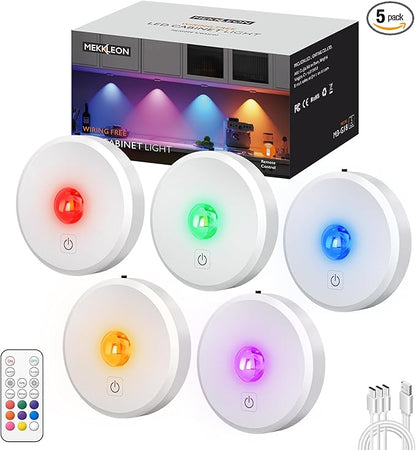 RGB Puck Lights with Remote Control, 2000mAh Battery Operated Tap Lights Rechargeable, 9 Colors & 2 Dynamic Changing Under Cabinet Lighting, Magnetic Stick on Light for Closet(White, 5 Pack)