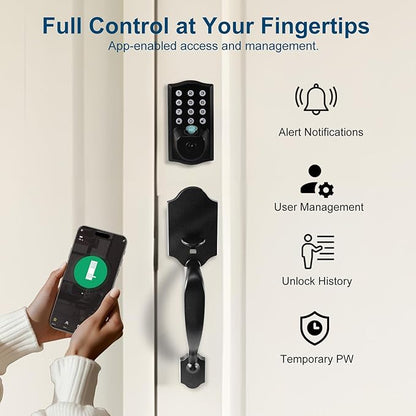 Fingerprint Smart Door Lock, Keyless Door Lock with Handle, Built-in WiFi Keypad Deadbolt Set for Front Door, Waterproof Smart Electronic Deadbolt, App Remote Control, Easy to Install Matte Black