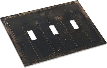 Decorative Light Switch Cover Plate Black And White Dandelion Art Vintage Wood Grain 3 Gang Wall Plate Triple Toggle Switch Plate Covers Electrical Outlet Cover for Farmhouse Cabin Decor