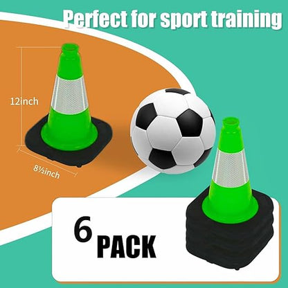 BESEA 6Pack 12" inch Traffic Cones Green Safety Cones PVC Construction Cones with 6 inch Reflective Collar for Home Driveway Road Parking Use(6Cones)