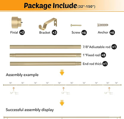 GEEBOBO 2 Pack Gold Curtain Rods for Windows 72 to 144 Inch, 1 Inch Adjustable Heavy Duty Decorative Curtain Rods, W1 (Gold, 32"-150",2 Pack)