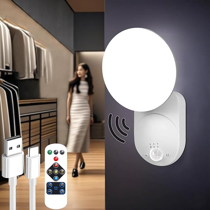 Rechargeable Motion Sensor Wall Light with Remote - Wireless Battery Operated Closet Lights Motion Sensored, Magnetic Wall Sconce for Closet Hallway Porch Garage Stairs