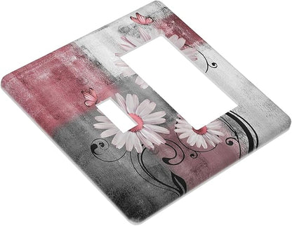 Outlet Covers Pink Floral Rustic Daisy Flower And Butterfly 1 Toggle 1 Rocker Combination Decorative Wall Plate Light Switch Cover Plate Electrical Switch Plates for Farmhouse Cabin Decor