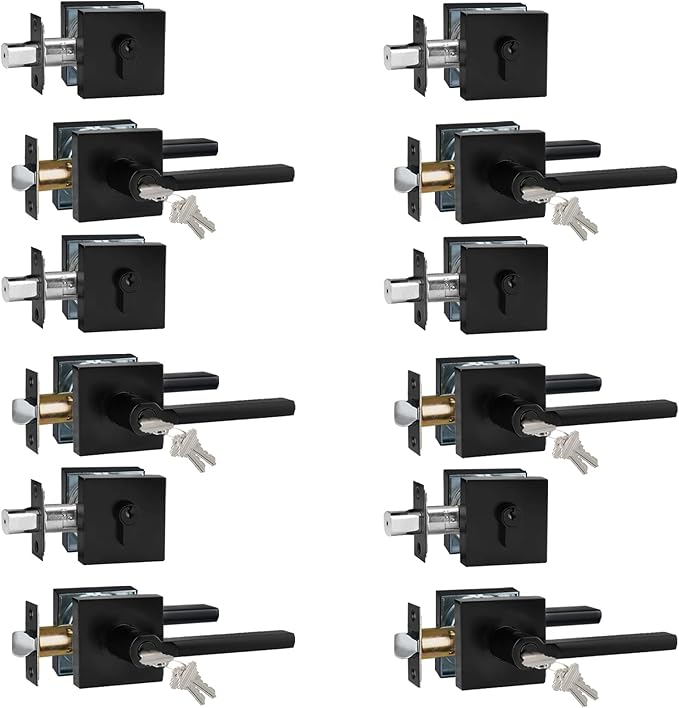 Keyed Entry Door Handle with Single Cylinder Deadbolt, Keyed Alike(Same Keys Only Per Set) Front Door/Exterior Door Lever Lockset, Matte Black, 6 Sets of Locks with 6 Sets of Different Keys