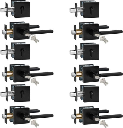 Keyed Entry Door Handle with Single Cylinder Deadbolt, Keyed Alike(Same Keys Only Per Set) Front Door/Exterior Door Lever Lockset, Matte Black, 6 Sets of Locks with 6 Sets of Different Keys