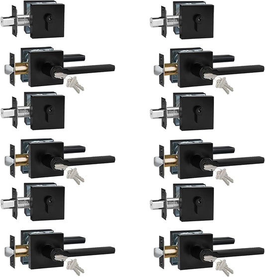 Keyed Entry Door Handle with Single Cylinder Deadbolt, Keyed Alike(Same Keys Only Per Set) Front Door/Exterior Door Lever Lockset, Matte Black, 6 Sets of Locks with 6 Sets of Different Keys