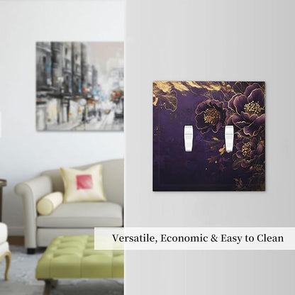 Decorative Light Switch Cover Plate Vintage Purple Peony Gold Leaf Flowers Floral 2 Gang Wall Plate Oversized Double Toggle Two Switch Wall Cover Plate Dual Device Electrical Face Plate