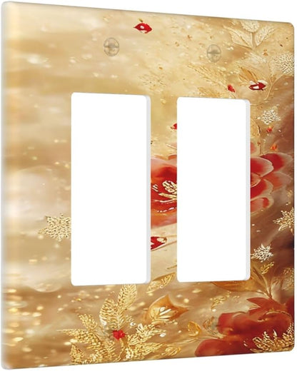 Decorative Outlet Covers Golden Leaf Red Peony Flowers Floral 2 Gang Wall Plate Double Rocker Two Switch Wall Cover Plate Jumbo Dual GFCI Faceplate for Bedroom Decor