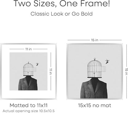Homeforia 15x15 Picture Frame Silver, High End Metal 15 x 15 Square Frame with Mat 11 x 11 Photo, 15x15 Poster Frames Matted to 11x11 Print, 15 by 15 Hanging Frames, Tempered Glass, Wall Kit, Set of 1