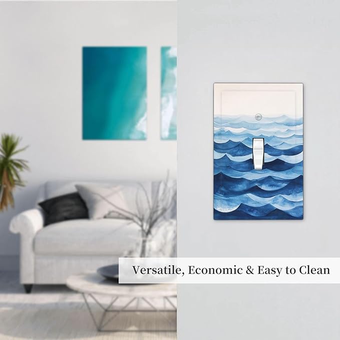 Decorative Light Switch Cover Plate Blue Watercolor Textured Abstract Ocean Wave 1 Gang Single Toggle Wall Plate Electrical Outlet Covers Decorate Switch Plate Cover for Bedroom living Room Decor