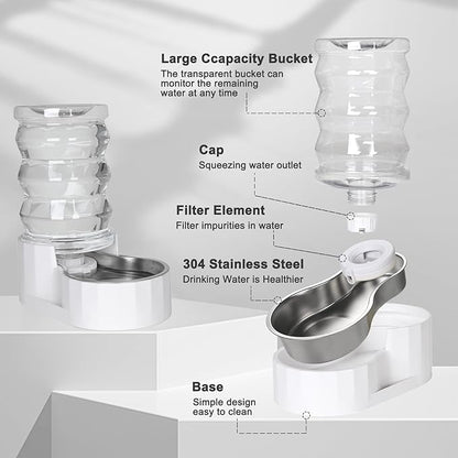 RIZZARI Automatic Gravity Pet Waterer: 7L White Stainless Steel Water Dispenser - Large Capacity with Triple Filter and Specialized Brush for Senior Dogs with Spinal Issues - for Living Room Bedroom