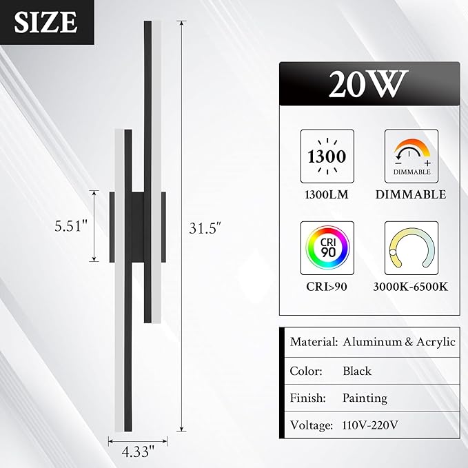 LED Wall Sconce Black Modern Remote Wall Light Fixtures for Living Room, Dimmable LED Vanity Light Indoor Remote Wall Sconce for Bedside Bedroom Bathroom Dining Room, 31.5inch 1 Pack