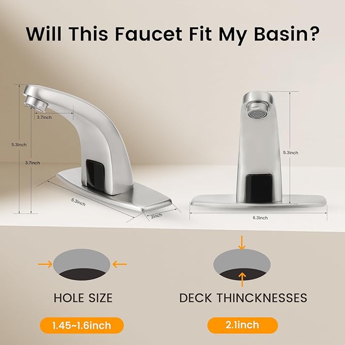 Touchless Bathroom Sink Faucet，Automatic Motion Sensor Faucets with 1 Hole Plate for Water Bath Commercial Lavatory Farmhouse, Brushed