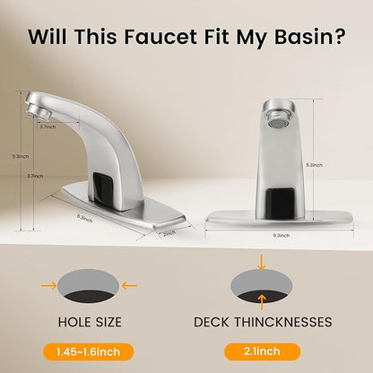 Touchless Bathroom Sink Faucet，Automatic Motion Sensor Faucets with 1 Hole Plate for Water Bath Commercial Lavatory Farmhouse, Brushed