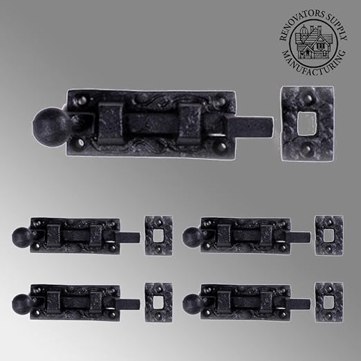 Renovators Supply Manufacturing Black Offset Slide Bolt Door Latch 4" Long Wrought Iron Metal Surface Sliding Bolts with Catch for Cabinet Doors Easy Install Lock with Mounting Hardware Pack of 4