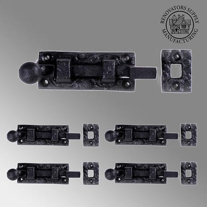 Renovators Supply Manufacturing Black Offset Slide Bolt Door Latch 4" Long Wrought Iron Metal Surface Sliding Bolts with Catch for Cabinet Doors Easy Install Lock with Mounting Hardware Pack of 4