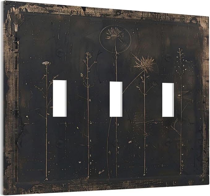 Decorative Light Switch Cover Plate Black And White Dandelion Art Vintage Wood Grain 3 Gang Wall Plate Triple Toggle Switch Plate Covers Electrical Outlet Cover for Farmhouse Cabin Decor