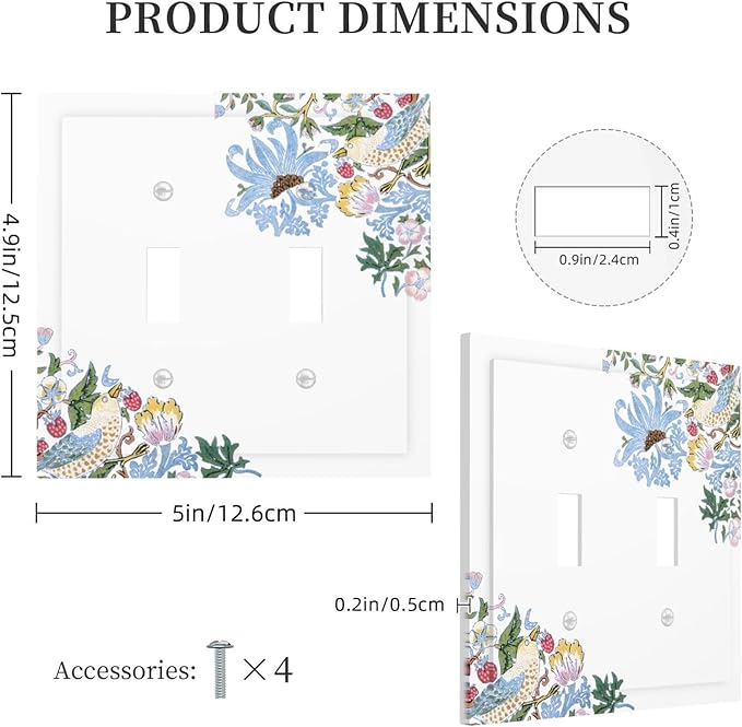 Decorative Light Switch Cover Plate Retro Morris Strawberry Rustic Plant Bird 2 Gang Wall Plate Oversized Double Toggle Two Switch Wall Cover Plate Dual Device Faceplate