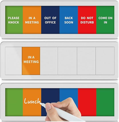 Office Door Signs with 6 Printed Status Options – Do Not Disturb, Out of Office, In a Meeting, Please Knock, Back Soon, Come on in – Includes Custom Personalized Blank Sticker for Privacy Workspace or Studio Available and Away