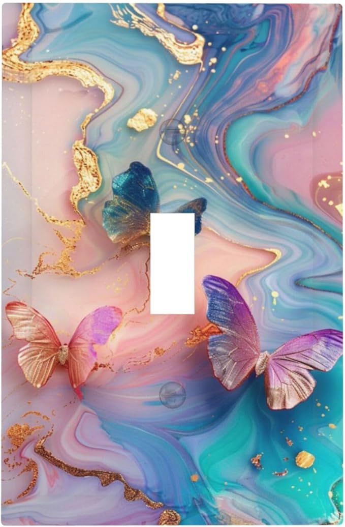 Colorful Marble Butterfly Gold Glitter Abstract Print Decorative Light Switch Cover 1 Gang Single Toggle Device Electrical Faceplate Switchplates Decorator Outlet Wall Plate for Bed Room Living Room