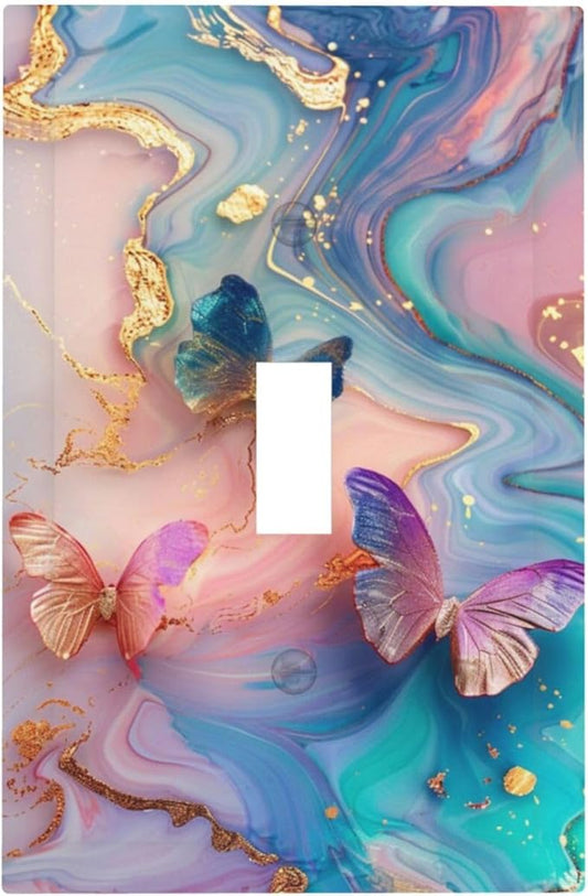 Colorful Marble Butterfly Gold Glitter Abstract Print Decorative Light Switch Cover 1 Gang Single Toggle Device Electrical Faceplate Switchplates Decorator Outlet Wall Plate for Bed Room Living Room