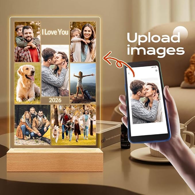 Custom Picture Frame with Photo, Customized Picture Frames with Night Light, Personalized Photo Frame, Personalized Valentines Day Gifts for Women Men Her Him Mom Dad Family