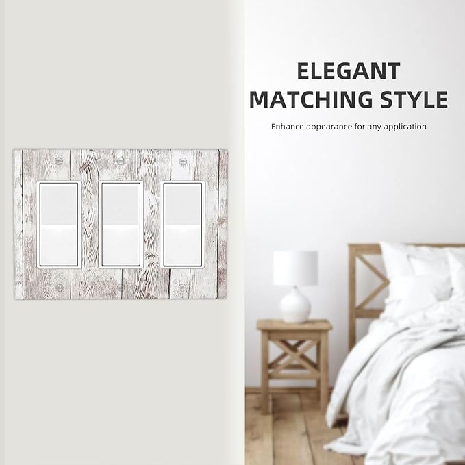 Light Switch Covers Rustic Vintage White Wood Grain 3 Gang Rocker Electrical GFCI Decorative Triple Outlet Wall Plate Cover Switchplate for Farmhouse Home Decor