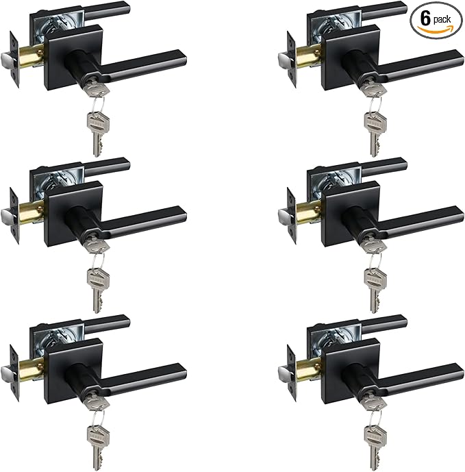Keyed Entry Door Lever with Lock, Heavy Duty Square Interior Handle for Front Door and Office, Matte Black, Reversible for Right&Left Handed, 6Packs