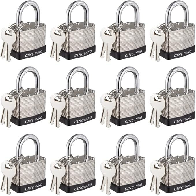 40mm Keyed Alike Nickel Plated Laminated Steel Padlock, 1-9/16" Wide Body 1-inch Shackle Padlocks with Keys Pack of 12