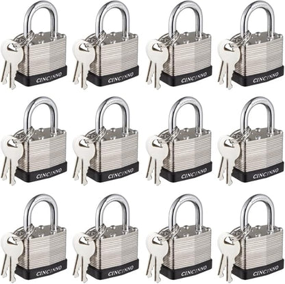 40mm Keyed Alike Nickel Plated Laminated Steel Padlock, 1-9/16" Wide Body 1-inch Shackle Padlocks with Keys Pack of 12