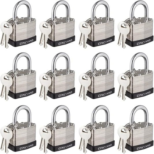 40mm Keyed Alike Nickel Plated Laminated Steel Padlock, 1-9/16" Wide Body 1-inch Shackle Padlocks with Keys Pack of 12