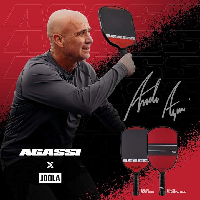 JOOLA Agassi Edge 16mm Pickleball Paddle - Carbon Fiber Pickleball Racket Surface Increases Spin & Control - Agassi Shape with Extended Sweet Spot - UPA-A Certified - USAP Approved - NFC Chip Enabled