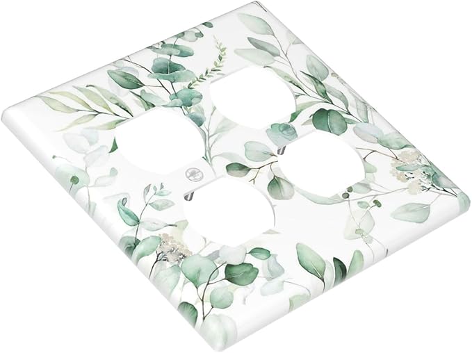 Boho Green Eucalyptus Leaf Floral Plants Flowers Outlet Covers 2 Gang Double Duplex Decorative Light Switch Covers Electrical Wallplates Socket Faceplate for Bed Room Living Room Decor