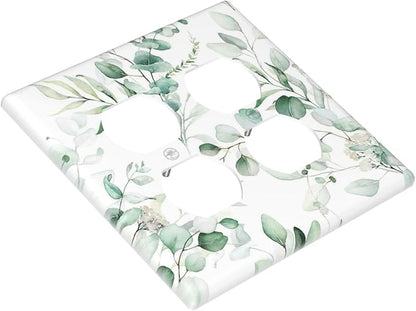 Boho Green Eucalyptus Leaf Floral Plants Flowers Outlet Covers 2 Gang Double Duplex Decorative Light Switch Covers Electrical Wallplates Socket Faceplate for Bed Room Living Room Decor