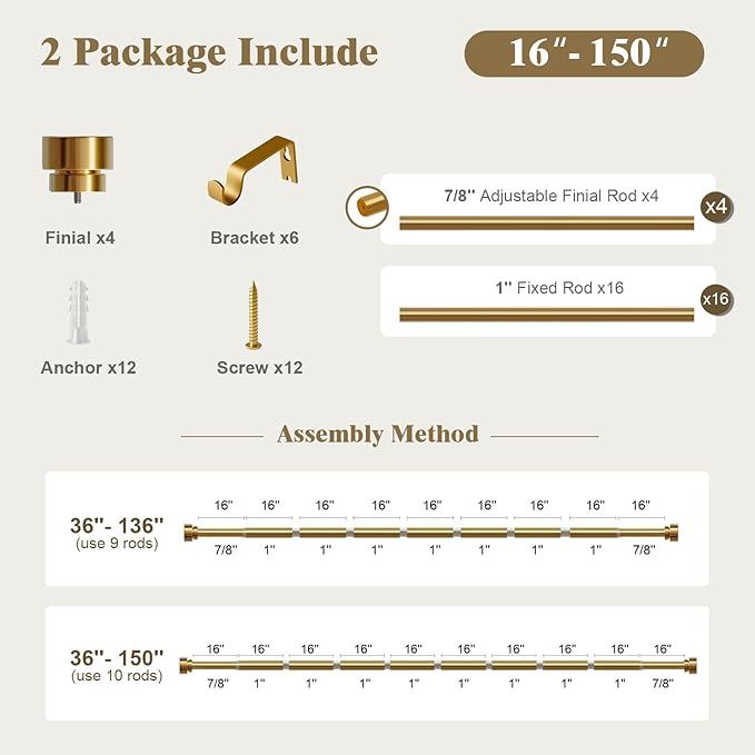Oneach 2-Pack Heavy Duty Curtain Rods for Windows 72 to 144 Inch, 1 Inch Pole Adjustable Curtain Rod Set with Easy Installation and Modern Design (Brass Gold, 16 to 150 Inch)