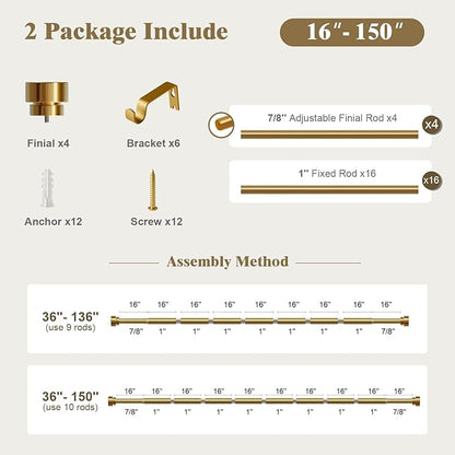 Oneach 2-Pack Heavy Duty Curtain Rods for Windows 72 to 144 Inch, 1 Inch Pole Adjustable Curtain Rod Set with Easy Installation and Modern Design (Brass Gold, 16 to 150 Inch)