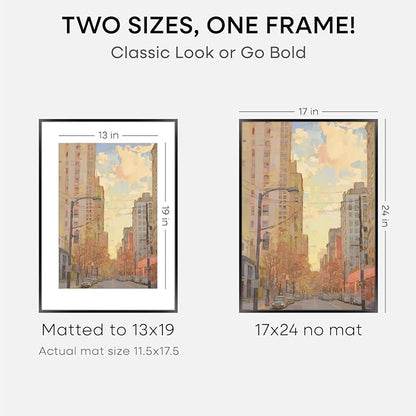 Homeforia 17x24 Picture Frame Black, High End Metal 17x24 Poster Frames with Mat 13x19 for Photo, 17 x 24 Black Frame Matted to 13 x 19 inch Print, 24x17 Thin Frame, Tempered Glass, Wall Kit, Set of 1
