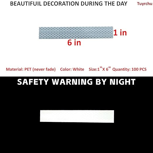 Non Fading White Reflective Stickers 1 inch X 6 inch, Outdoor Waterproof High Visibility Warning Safety Adhesive Reflector Tape (100 Pcs)