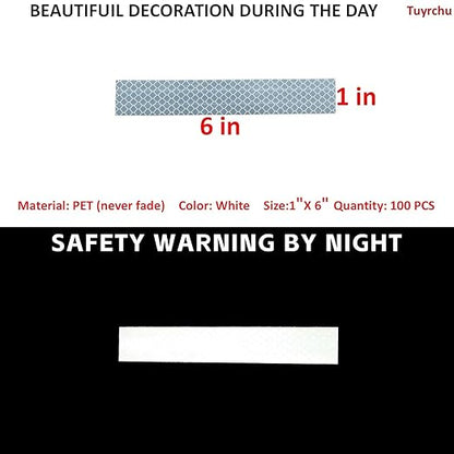 Non Fading White Reflective Stickers 1 inch X 6 inch, Outdoor Waterproof High Visibility Warning Safety Adhesive Reflector Tape (100 Pcs)