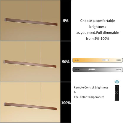 47" Wood Linear Pendant Light Fixtures Modern Led 36w Dimmable Pendant Lighting Ceiling Hanging Lights Wood Linear Chandeliers for Kitchen Island Dining Room Pool Table Walnut Color