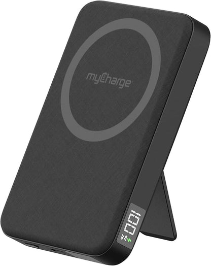 myCharge CliqLuxe 10,000mAh Wireless Magnetic Power Bank - Qi2.2 25W Ultra-Fast Wireless Charging | Foldable Metal Stand | 20W PD USB-C Port | Digital Battery Display | Premium Black Fabric