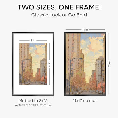 Homeforia 11 x 17 Picture Frame Black, High End Metal 11x17 Poster Frames with Mat 8x12 for Photo, 11 x 17 Black Frame Matted to 8 x 12 inch Print, 17x11 Thin Frame, Tempered Glass, Wall Kit, Set of 3