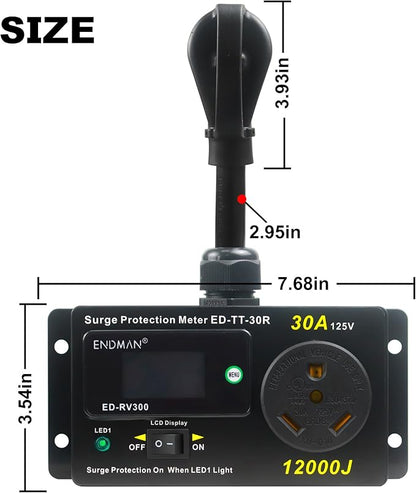 RV 30 Amp Surge Protector with Power Meter (kWh) - 12,000 Joules High Surge Guard - Real-Time Voltage & Amp Monitor for Travel Trailers (NEMA TT-30P)