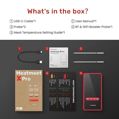 X Pro Wireless Meat Thermometer with Dual Wi-Fi & Bluetooth, Digital Meat Thermometer with 2 Probes & LED Display Base, 6 Built-in Sensors, IP69 Waterproof, for Grills, Ovens, Smokers & BBQs