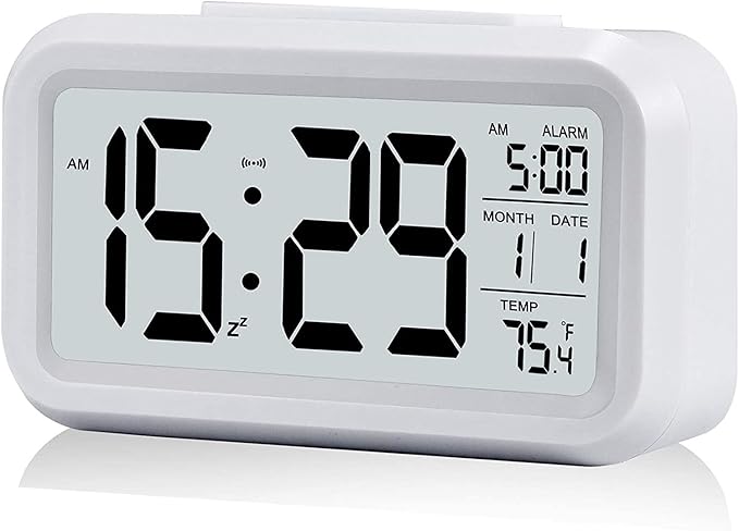 Digital Alarm Clock with LCD Display, Desk Smart Electronic Small Clock with Indoor Temperature, Date, Light Sensor, Backlight, Battery Operated, for Home Bedroom Kids Office (White)