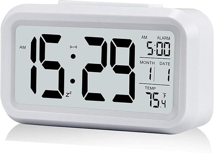 Digital Alarm Clock with LCD Display, Desk Smart Electronic Small Clock with Indoor Temperature, Date, Light Sensor, Backlight, Battery Operated, for Home Bedroom Kids Office (White)