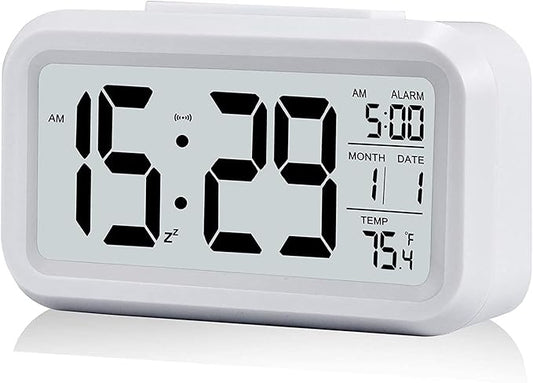 Digital Alarm Clock with LCD Display, Desk Smart Electronic Small Clock with Indoor Temperature, Date, Light Sensor, Backlight, Battery Operated, for Home Bedroom Kids Office (White)