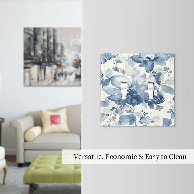 Decorative Switch Plates Blue Watercolor Floral 2 Gang Double Toggle Outlet Light Switch Cover Wall Plate Electrical Faceplate for Bedroom Bathroom Decor