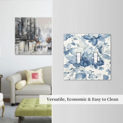 Decorative Switch Plates Blue Watercolor Floral 2 Gang Double Toggle Outlet Light Switch Cover Wall Plate Electrical Faceplate for Bedroom Bathroom Decor